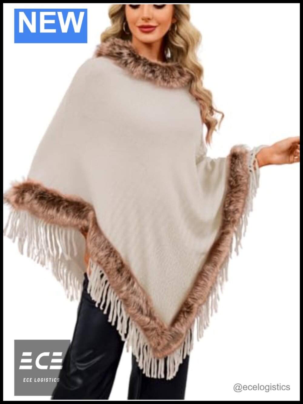 Faux Fur Trim Long Poncho Sweater Draped Shawl Wraps Warm Collar Fits 0-16